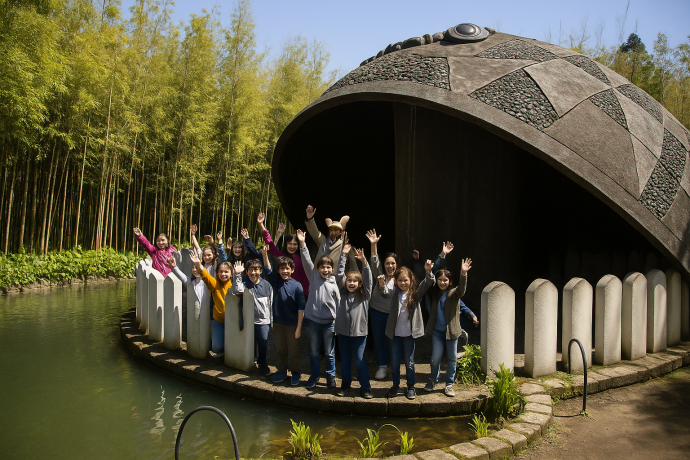 Bambini felici davanti alla bocca della balena nel Parco di Pinocchio