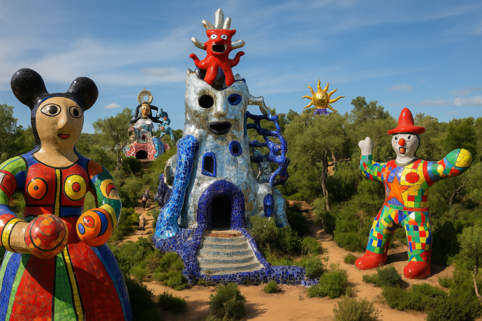 Sculture colorate del Giardino dei Tarocchi immerse nella natura a Capalbio