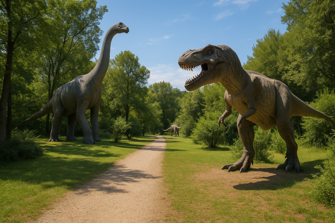Dinosauri realistici in un parco preistorico immerso nella natura, con sentiero e alberi verdi