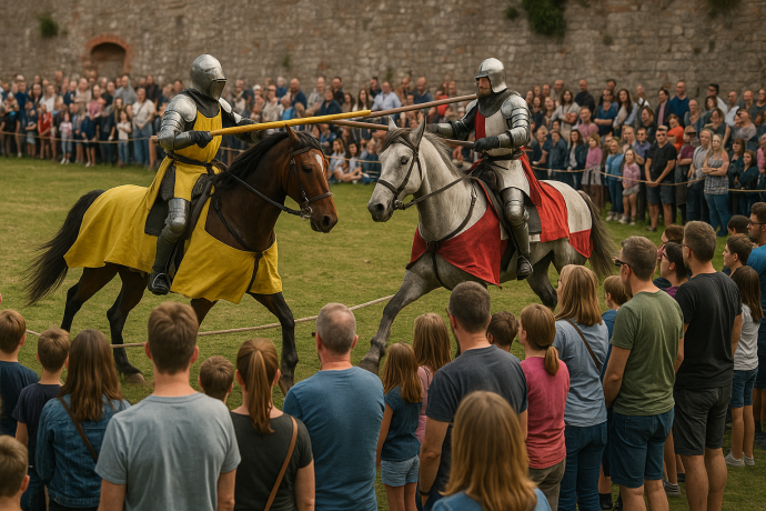Cavalieri in armatura si sfidano in giostra medievale davanti a un pubblico entusiasta