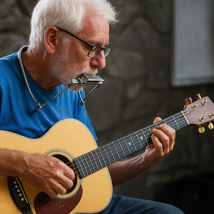 Uomo anziano suona chitarra e armonica con capelli e barba bianchi