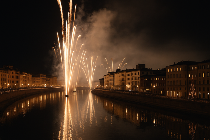 Fuochi d'artificio sul fiume Arno a Pisa durante la Luminara di San Ranieri