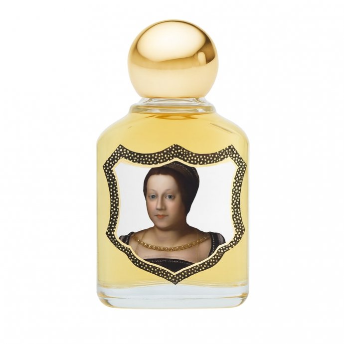 Bottiglia di profumo con etichetta che mostra il ritratto di Caterina de’ Medici,