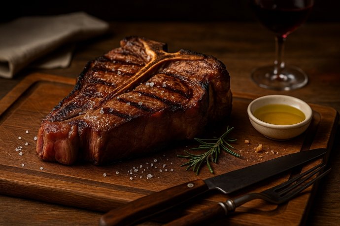 Bistecca alla fiorentina su tagliere in legno, al sangue, con osso a T, sale grosso e rosmarino