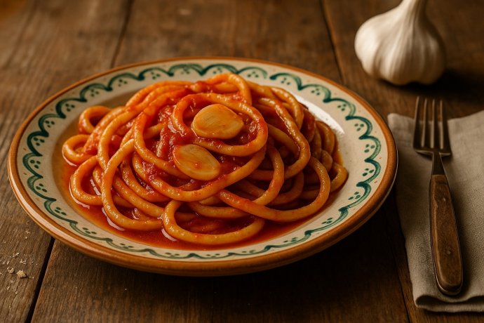 Pici all’aglione al pomodoro su piatto di ceramica toscana su tavolo di legno rustico