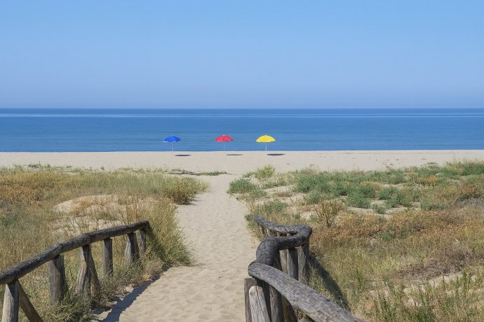 Spiaggia della Lecciona, passerella tra le dune e tre ombrelloni sulla riva