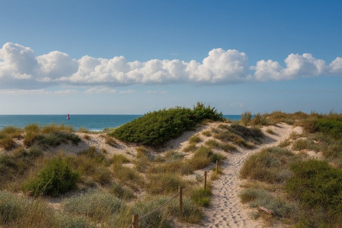 Sentiero sabbioso tra dune alla Spiaggia Dune di Tirrenia, cielo e mare