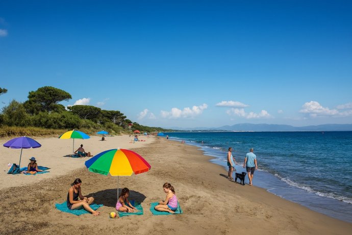 Spiaggia della Sterpaia a Carlappiano: litorale sabbioso con ombrelloni, famiglie e mare calmo.