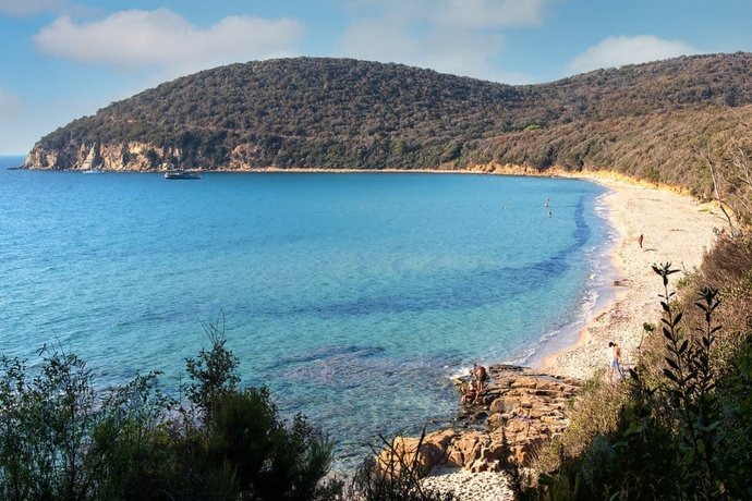 Cala Violina in Maremma: baia a mezzaluna, mare turchese, pineta e pochi bagnanti sulla spiaggia.