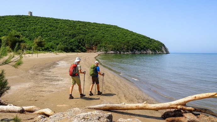 Cala di Forno: due escursionisti sulla battigia, promontorio verde e torre sullo sfondo. 