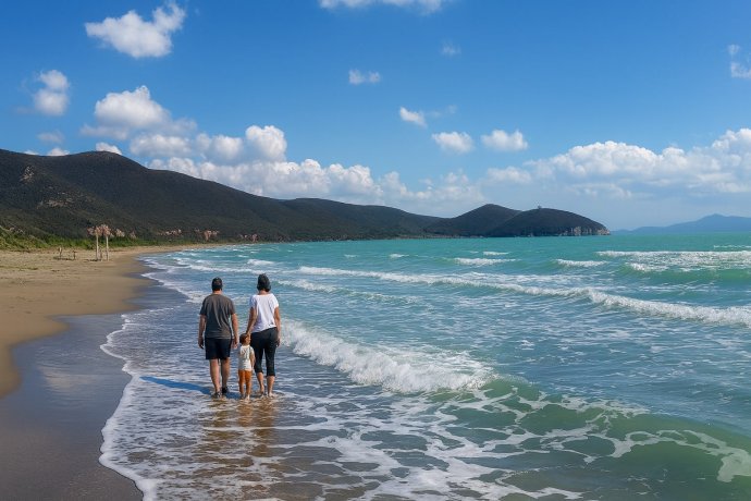 Spiaggia di Collelungo nel Parco della Maremma con tre persone sul bagnasciuga e onde turchesi