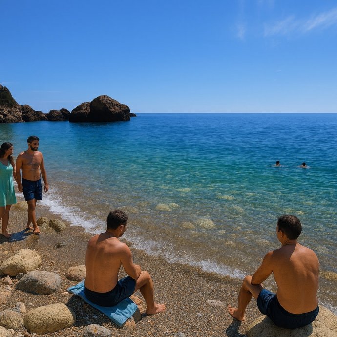 Coppia e bagnanti sulla spiaggia di ciottoli ad Acqua Dolce, mare cristallino a Porto Ercole.