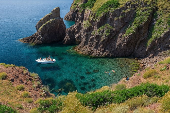 Cala dello Zurletto a Capraia: caletta rocciosa con acqua turchese, barca e snorkeler.