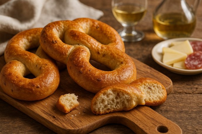 Biscotti salati di Roccalbegna a forma di 8 su tagliere, con vino e salumi sullo sfondo.