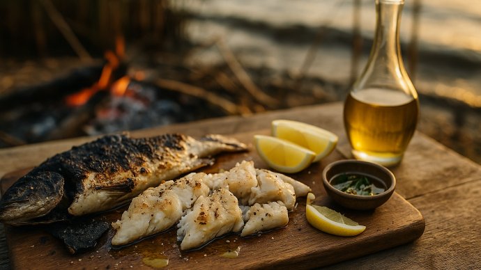 Brustico toscano: pesce di lago abbrustolito, filetti conditi con olio e limone su tagliere.