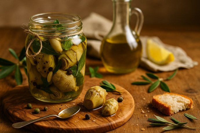 Vasetto di carciofi sott’olio toscani con aglio, pepe e alloro su tagliere di legno. 