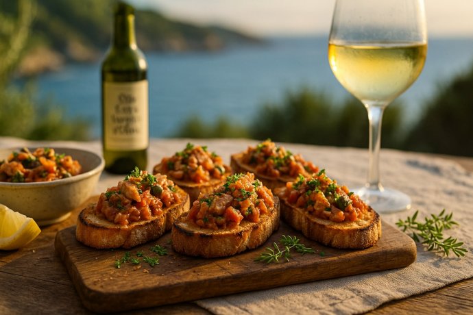Crostini al pesce dell’Elba su pane toscano, capperi e pomodoro, con vino