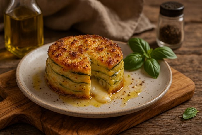 Tortino toscano di zucchine e mozzarella gratinato su piatto rustico, con basilico e olio.