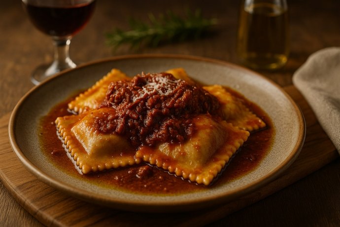 Tortelli maremmani con ragù di cinghiale su piatto rustico, con vino rosso a lato.