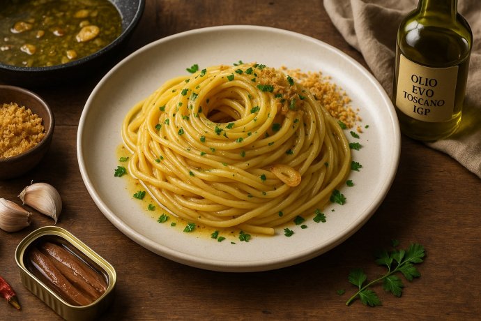 Bavette all’acciugata con aglio, acciughe, olio EVO toscano e mollica tostata su piatto.