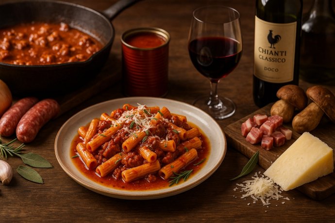 Maccheroni alla poderana con ragu di salsiccia, pancetta, pecorino e rosmarino su piatto rustico.