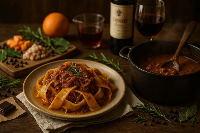 Pappardelle al cinghiale con ragù toscano e rosmarino, pentola in ghisa e Chianti sullo sfondo.