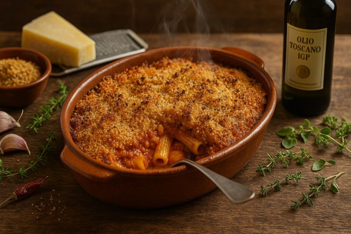 Pastasciutta alla fornaia in teglia di terracotta, crosta dorata, rigatoni al pomodoro.