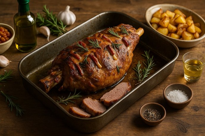 Agnello pillottato al forno in teglia con rosmarino, aglio e pancetta; patate arrosto.