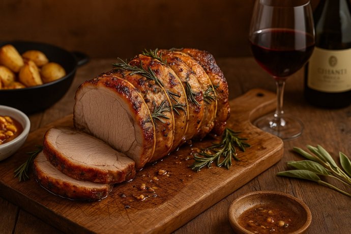 Arista di maiale arrosto con rosmarino su tagliere, fette, patate e calice di Chianti.