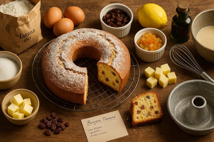 Benzone toscano su griglia, con fetta e zucchero a velo, con farina, uova, burro e uvetta intorno.