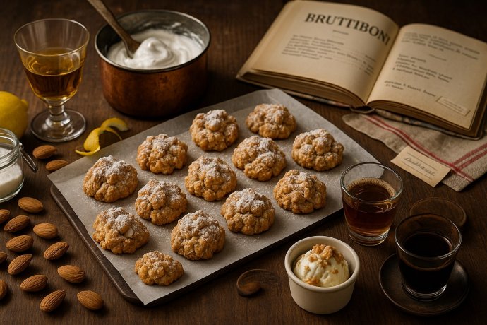 Brutti ma Buoni su teglia, spolverati di zucchero, con mandorle, meringa e bicchieri di liquore.