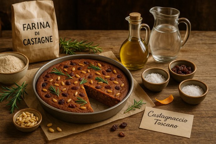 Castagnaccio toscano in teglia con fetta, pinoli, uvetta e rosmarino, farina di castagne accanto.
