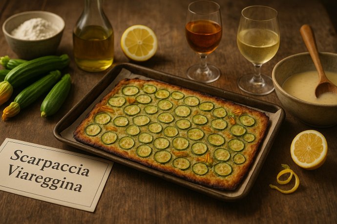 Scarpaccia viareggina in teglia, rondelle di zucchine dorate, ingredienti e limone sul tavolo.