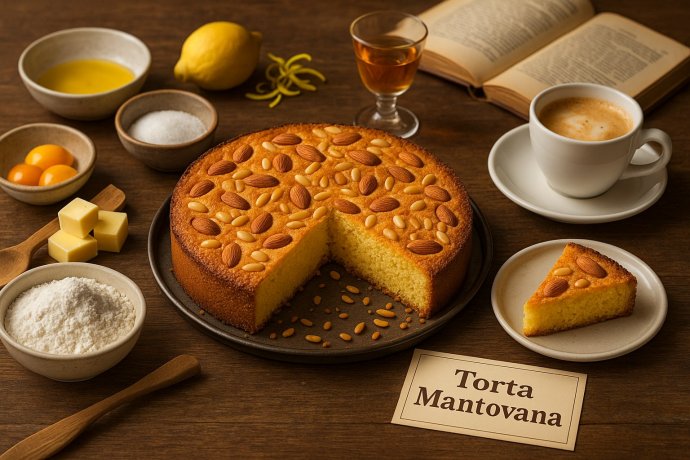 Torta Mantovana di Prato in teglia, fetta servita, mandorle e pinoli, ingredienti accanto.