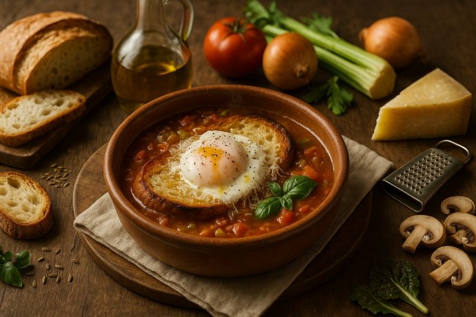 Acquacotta toscana in terracotta con pane, uovo affogato, pomodoro e pecorino su tavolo rustico.
