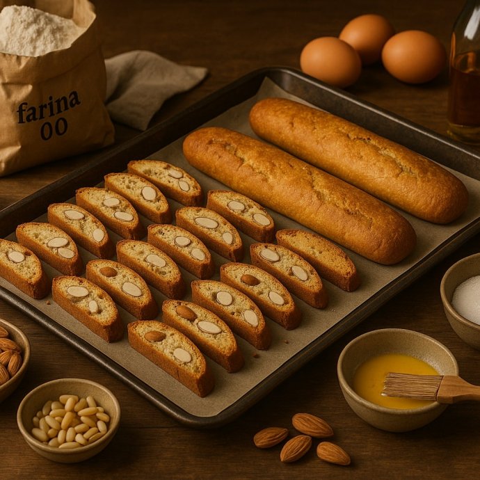 Cantucci di Prato su teglia, fette dorate con mandorle; filoni, farina, uova e pinoli accanto.