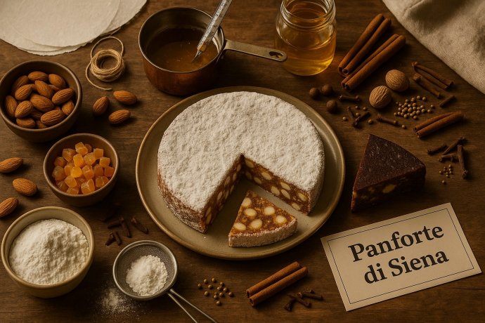 Panforte di Siena IGP su piatto, zucchero a velo, mandorle, canditi e spezie sul tavolo.