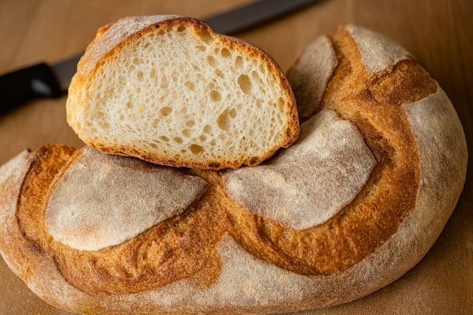 Bozza pratese senza sale su tagliere, fetta appoggiata, crosta dorata e mollica alveolata.