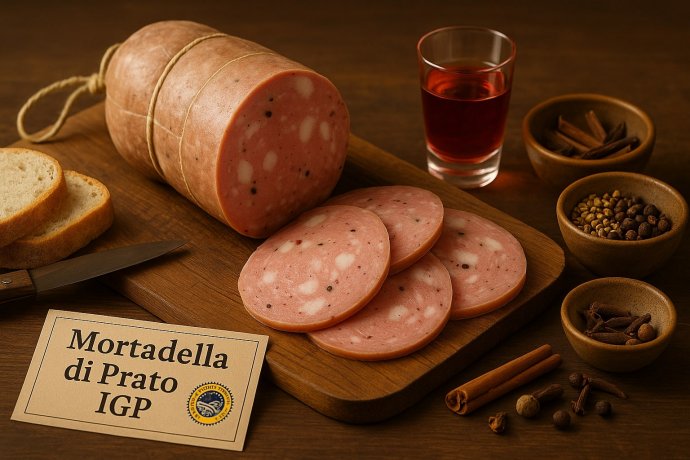 Mortadella di Prato IGP a fette su tagliere con pane, spezie e bicchiere di alchermes.
