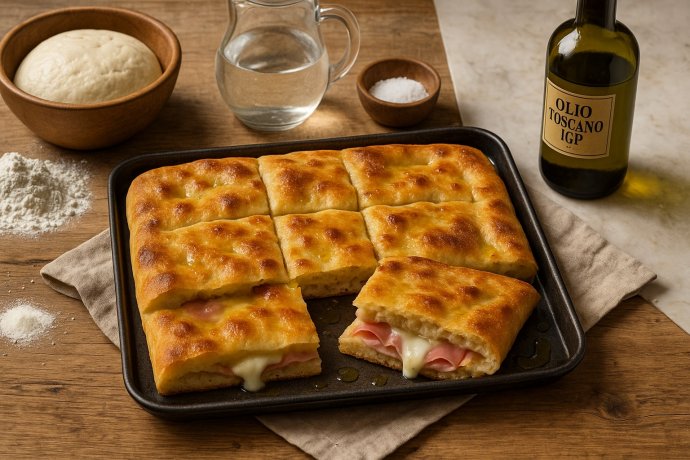 Ciaccino senese in teglia, farcito con prosciutto e formaggio, con Olio Toscano IGP.