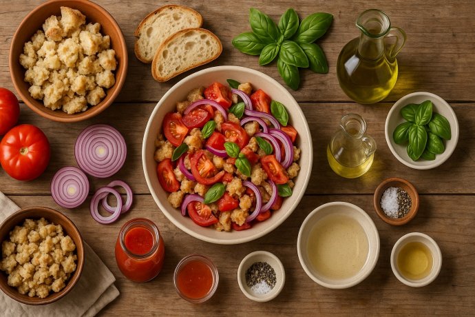 Panzanella toscana dall’alto con pane, pomodori, cipolla rossa, basilico, olio e aceto.