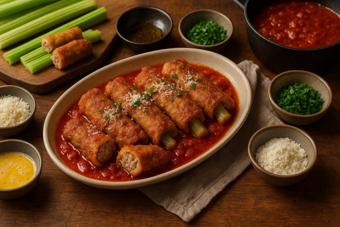Sedani alla pratese in pirofila: sedano ripieno fritto nel sugo, con Parmigiano e prezzemolo.