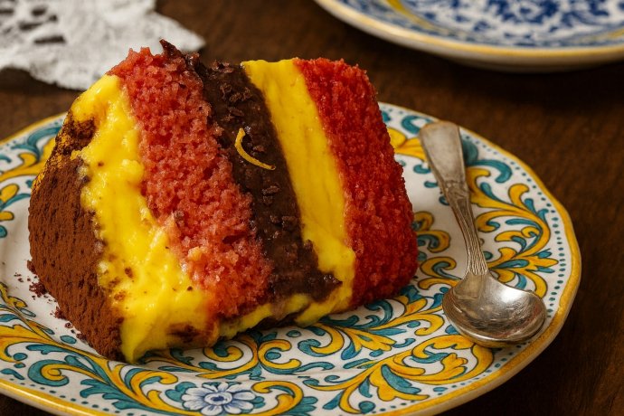 Fetta di zuppa inglese toscana con Alchermes, crema gialla e cioccolato su piatto decorato.