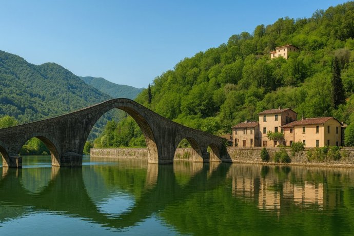Ponte del Diavolo di Borgo a Mozzano sul Serchio con riflessi e case, colline toscane verdi