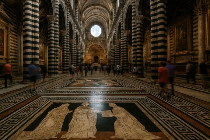 Pavimento intarsiato del Duomo di Siena con colonne bianche e nere e visitatori