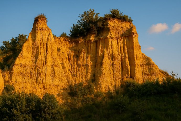 Le Balze del Valdarno illuminate dalla golden hour, pinnacoli d’argilla tra il verde e il cielo