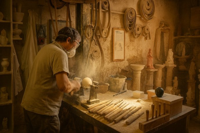 Artigiano al tornio in bottega di alabastro a Volterra, polvere e attrezzi tradizionali