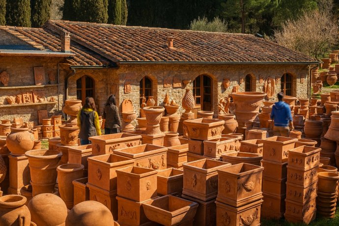 Corte di fornace a Impruneta con vasi in terracotta e visitatori davanti al laboratorio