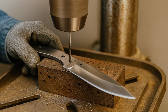 Lavorazione di un coltello artigianale a Scarperia: foratura del manico con trapano a colonna