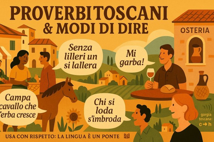 Illustrazione con proverbi toscani e gorgia: «Mi garba», «Senza lilleri…», cavallo e osteria